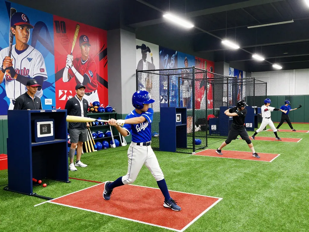 Young athlete training at hitclub indoor baseball facility, showcasing batting drills with coaches observing.