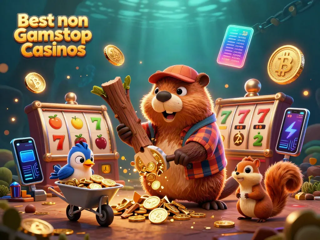 Engage with Best non Gamstop Casinos as a cartoon lumberjack beaver collects golden coins in this vibrant 3D scene.