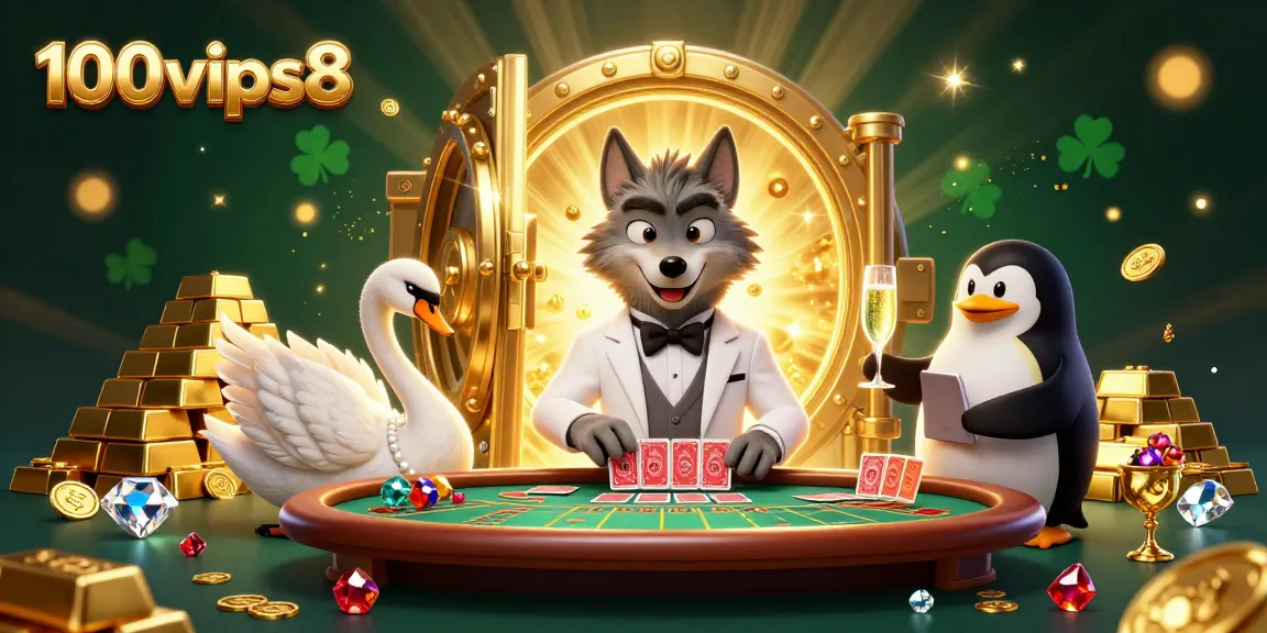 Experience the thrilling atmosphere of 100vips8 with animated characters at a baccarat table surrounded by sparkling treasures.