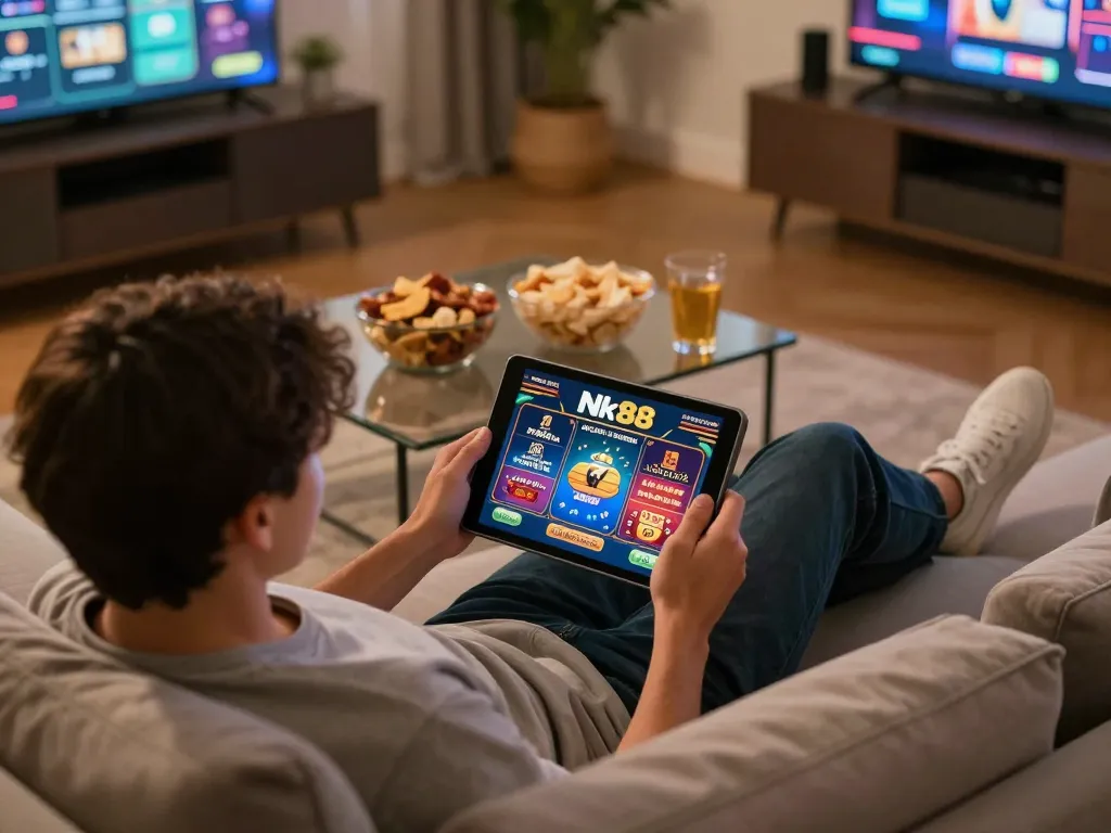 Nk88 player immersed in online casino gaming on tablet in a cozy home setting, showcasing casual entertainment.