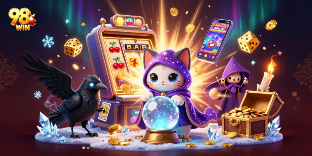 Engaging scene depicting fun gameplay at 98WIN with lucky symbols and energetic characters.