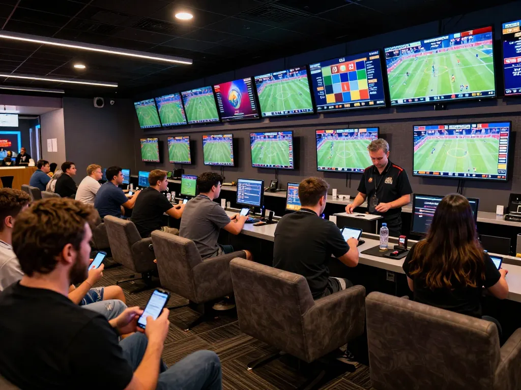 Engaged bettors checking odds for keo nha cai in a vibrant sports betting lounge