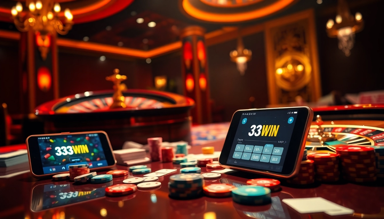 Experience the thrill of gambling at 33WIN with a vibrant casino scene showcasing exciting action.