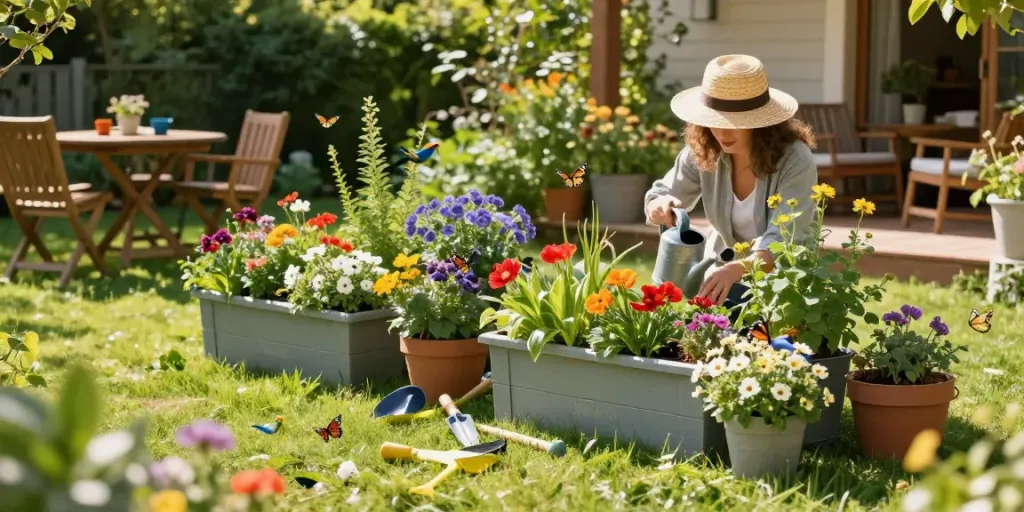 IDEALIST garden planters in a vibrant garden, showcasing colorful flowers and lush greenery.