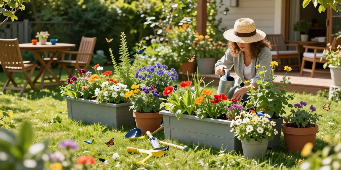 IDEALIST garden planters in a vibrant garden, showcasing colorful flowers and lush greenery.