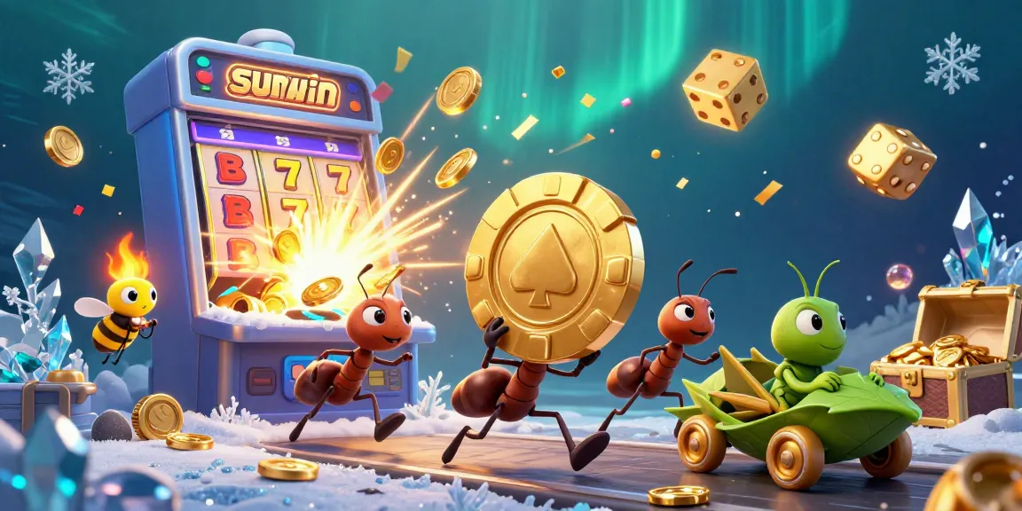 Sunwin ants orchestrating a heist amid a vibrant casino scene filled with slots and jackpots.