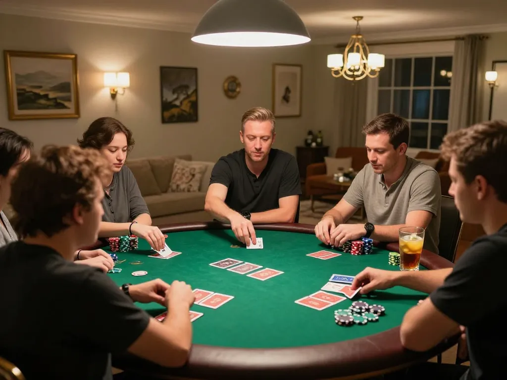 Players engaging in game bài đổi thưởng at a cozy home poker table, showcasing competitive action and strategic gameplay.