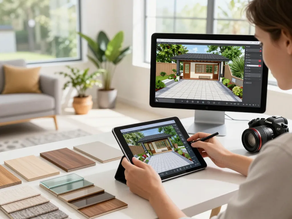 Designer customizing a veranda configurator in a bright home workspace with 3D models.
