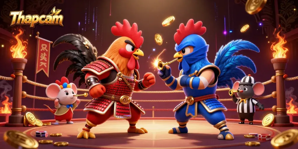 Watch Thapcam's thrilling showdown between fierce roosters in a spectacular arena.