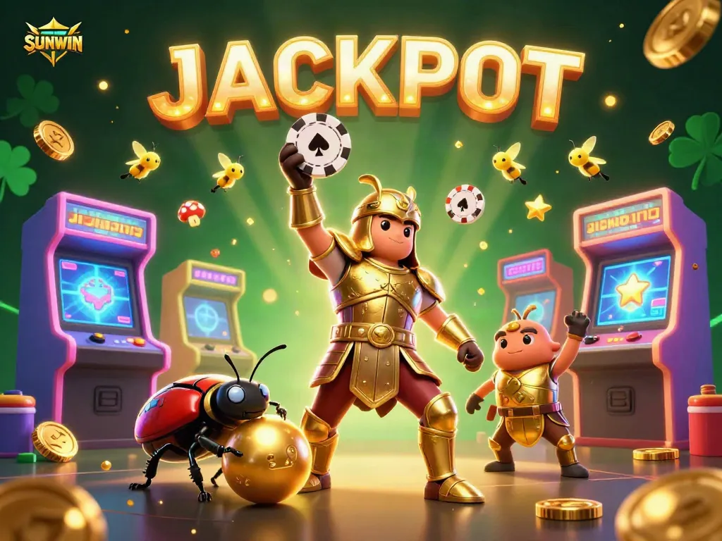 SUNWIN players engage with vibrant slot machines and golden jackpots in a lively casino scene.