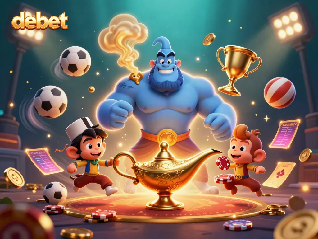 Engage with debet in a vivid 3D scene featuring a blue genie and dynamic sports elements.