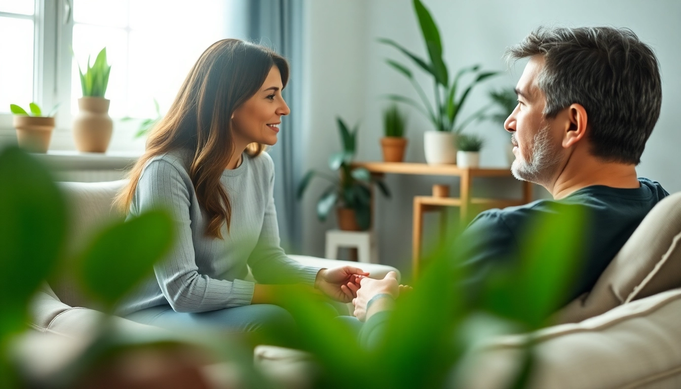 Mental wellness consultation between a therapist and client in a serene setting.