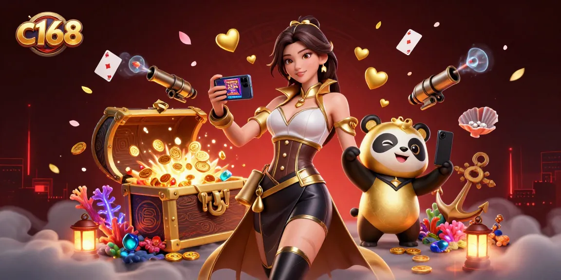 Experience exciting gameplay with c168 featuring a stunning Asian woman and golden panda in a lively casino illustration.