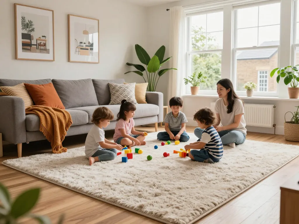 Cozy living room with affordable carpets London, family enjoying soft, plush flooring.