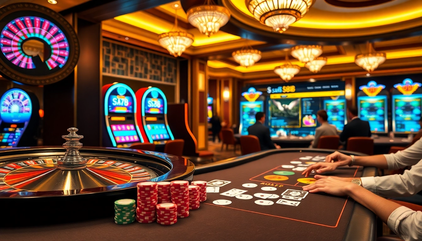 Engage in thrilling games at sa88, featuring vibrant slot machines and an elegant poker table.
