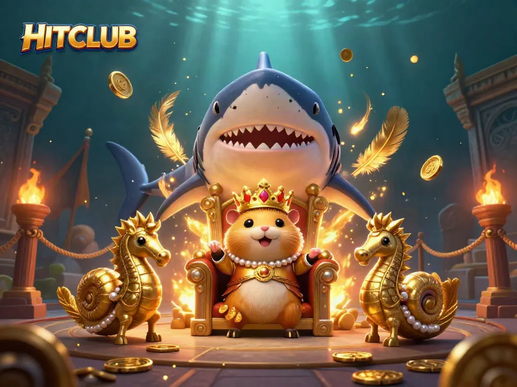 Experience HITCLUB's vibrant casino scene with a hamster king ruling a treasure-filled gaming arena.