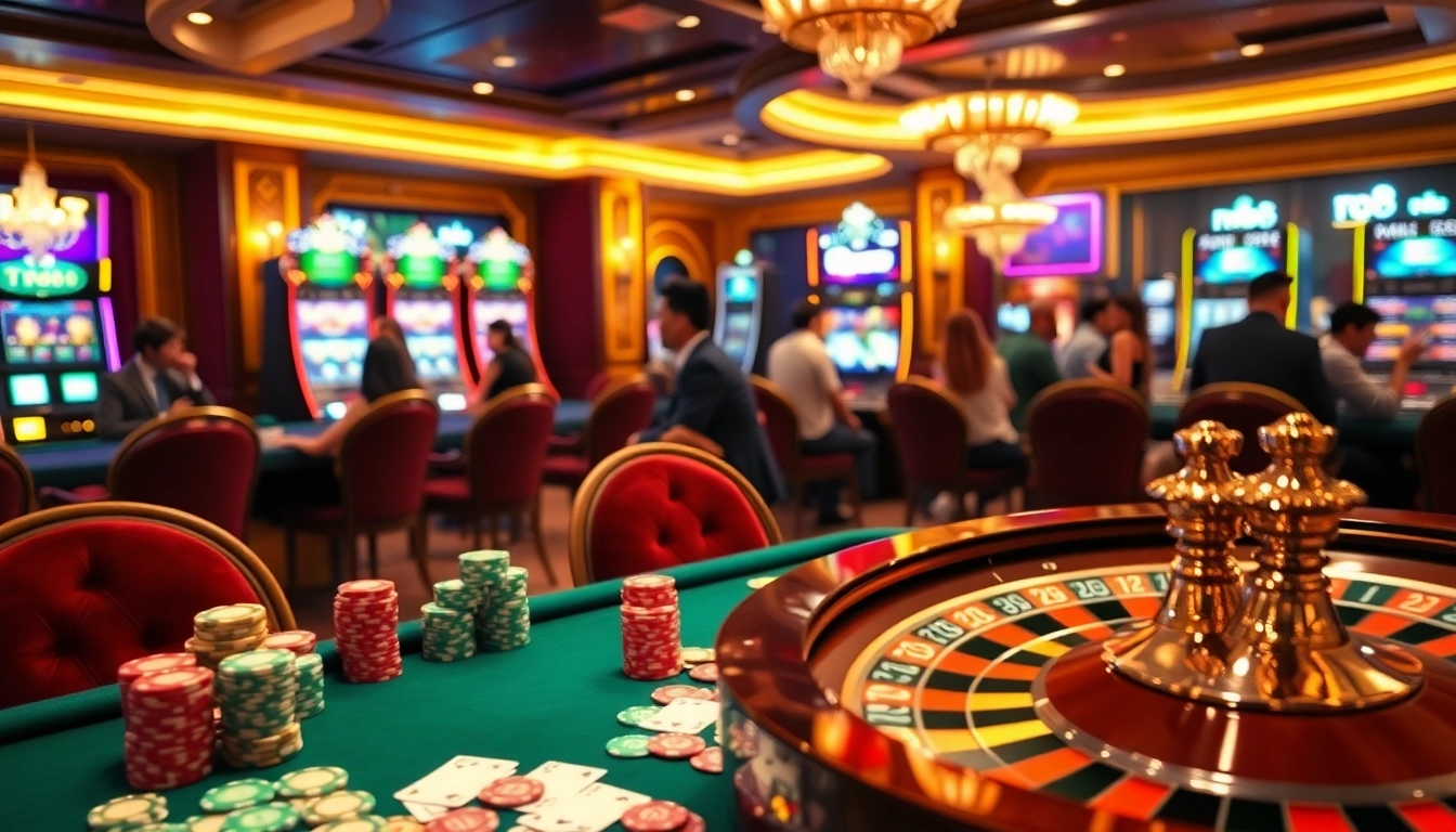 Experience the thrill of gambling with tr88 at a luxurious casino, featuring vibrant cards and poker chips.