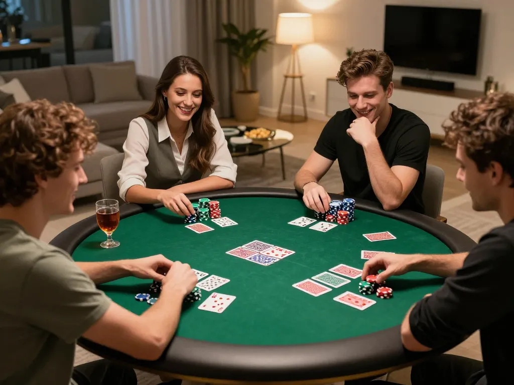 Players enjoy a lively home poker game at sc88, showcasing chips and strategy in a warm ambiance.