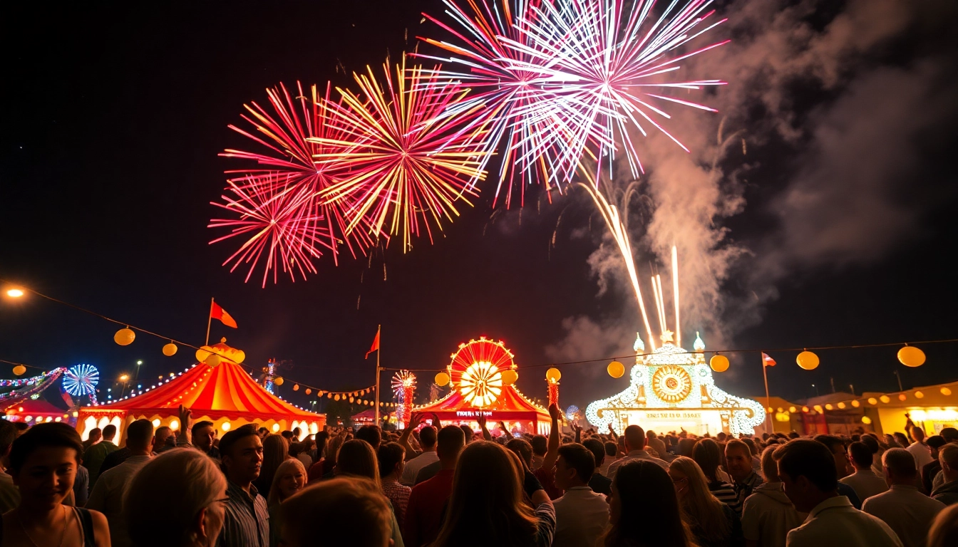 Vibrant fireworks uk festival celebration with a colorful display over an excited crowd.