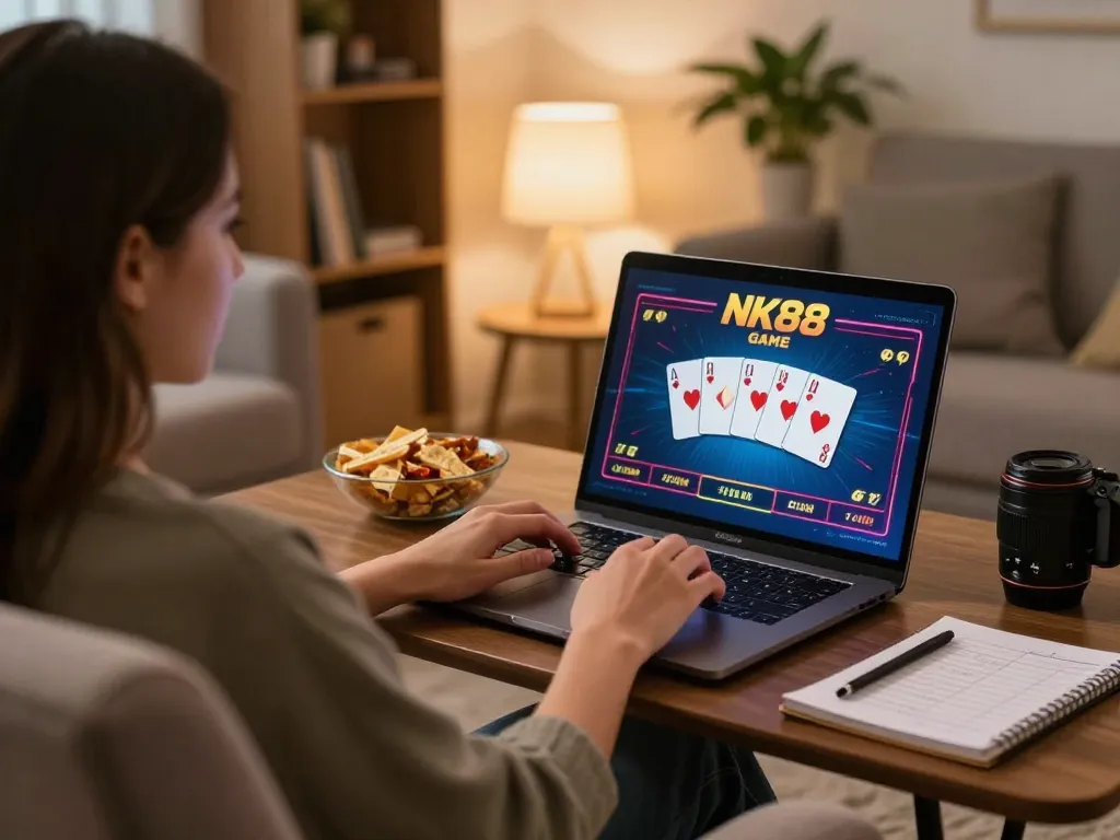 Engaged player enjoying NK88 GAME on a laptop, showcasing online casino experience at home.