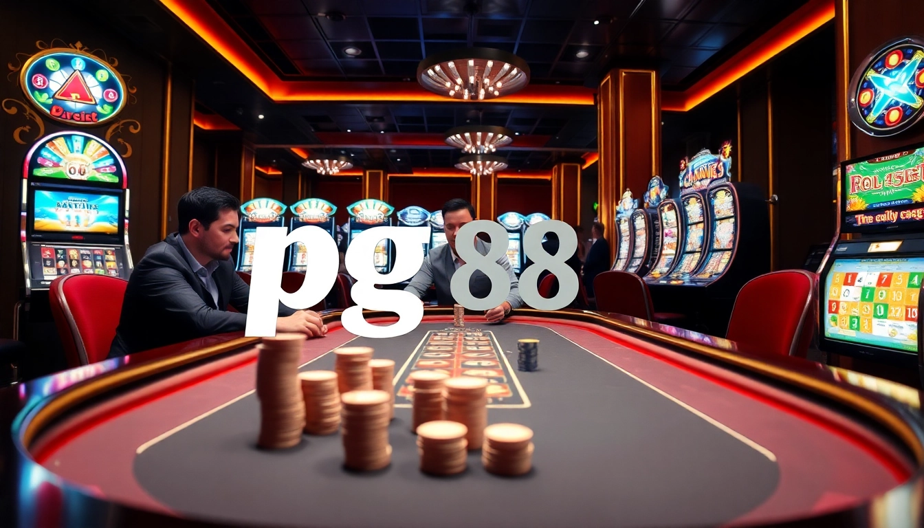 Experience thrilling poker action at pg 88 casino, showcasing luxurious tables and vibrant slot machines.