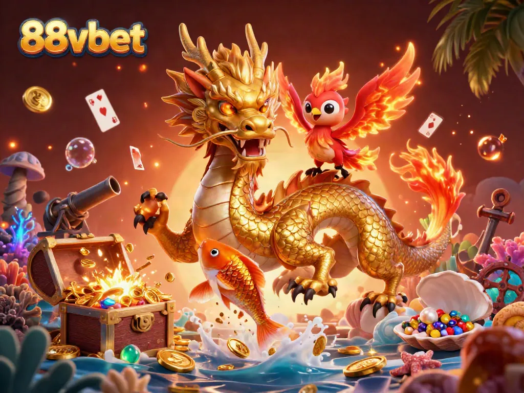 Engage with 88vbet's vibrant 3D scene showcasing a golden dragon, a phoenix, and a koi fish amidst a casino-themed treasure explosion.