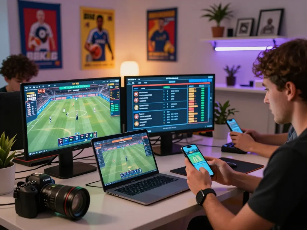 Players engaged in online sports betting at BK8, showcasing excitement in a modern home office.