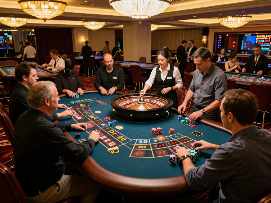 Players enjoying a live roulette game at GO8 casino with vibrant atmosphere and professional croupier