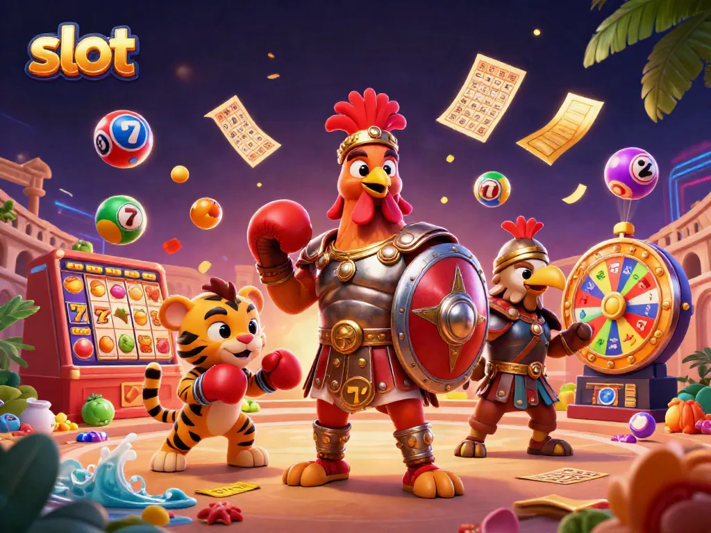 Experience thrilling slot action with a gladiator rooster and dynamic game elements in this vibrant scene.