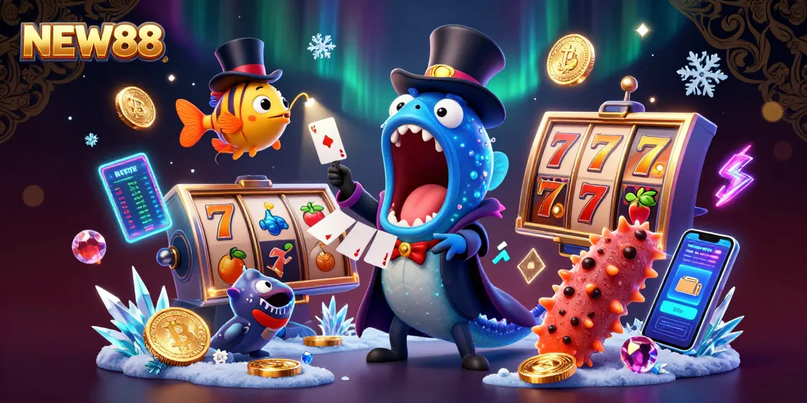 Engage with NEW88's thrilling casino adventures with animated deep-sea characters showcasing dazzling slot symbols.