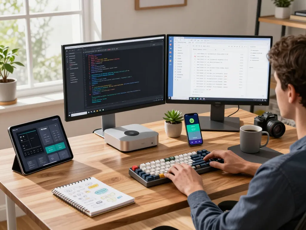 Dynamic workspace with mac mini, dual monitors, and modern tech elements creating a productive atmosphere.