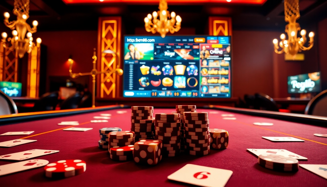 Experience thrilling gaming action with https://bem88.com and vibrant casino elements like poker chips and cards.