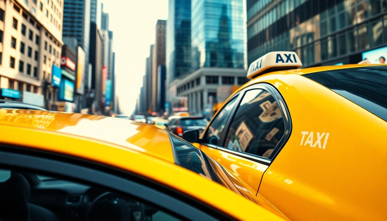 Book reliable Cabs for your city travels with a bright yellow taxi in a bustling urban scene.