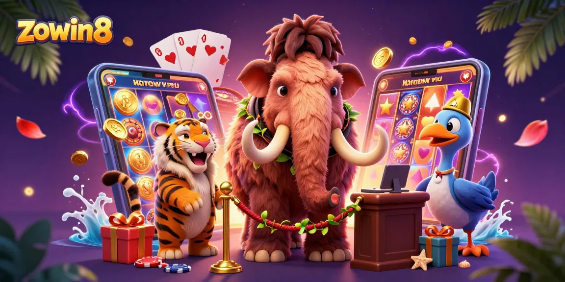 Zowin8 engages players with a vibrant 3D casino atmosphere featuring slot games and exciting characters.