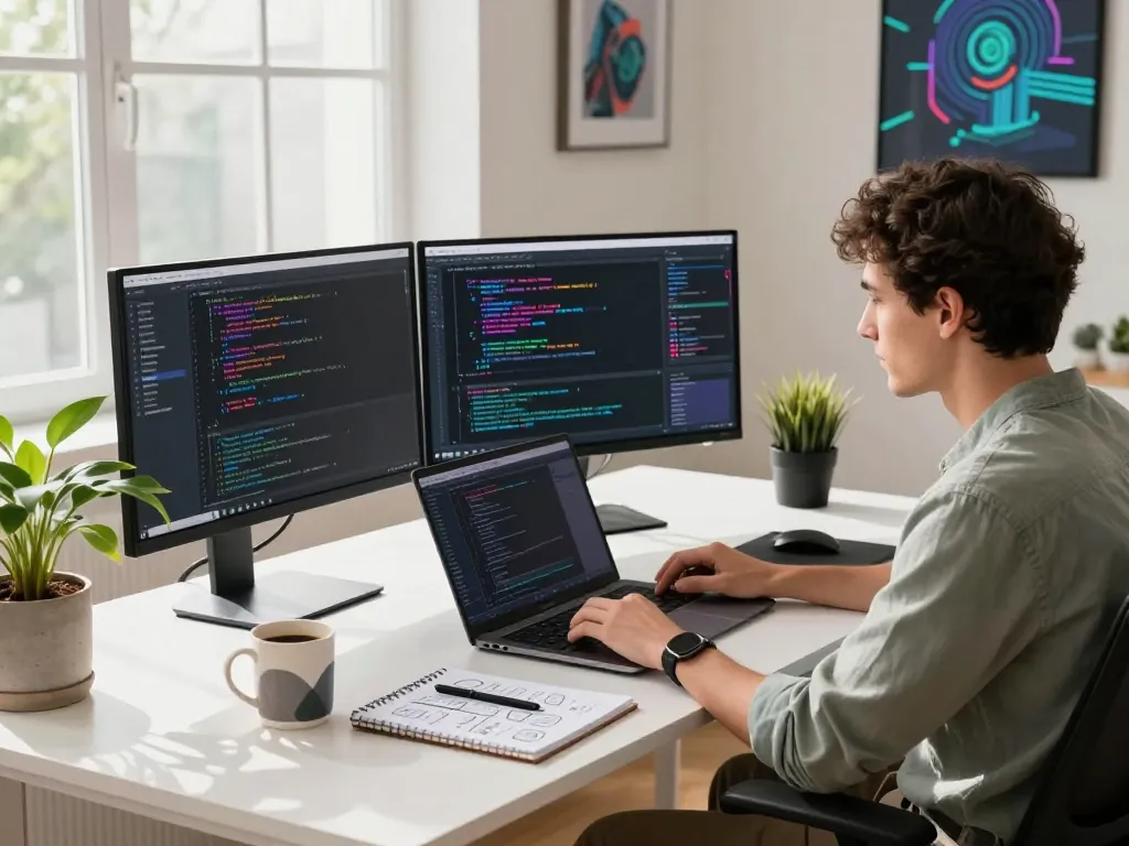 Developer using OpenClaw AI in a modern workspace with multiple screens and a vibrant coding environment.