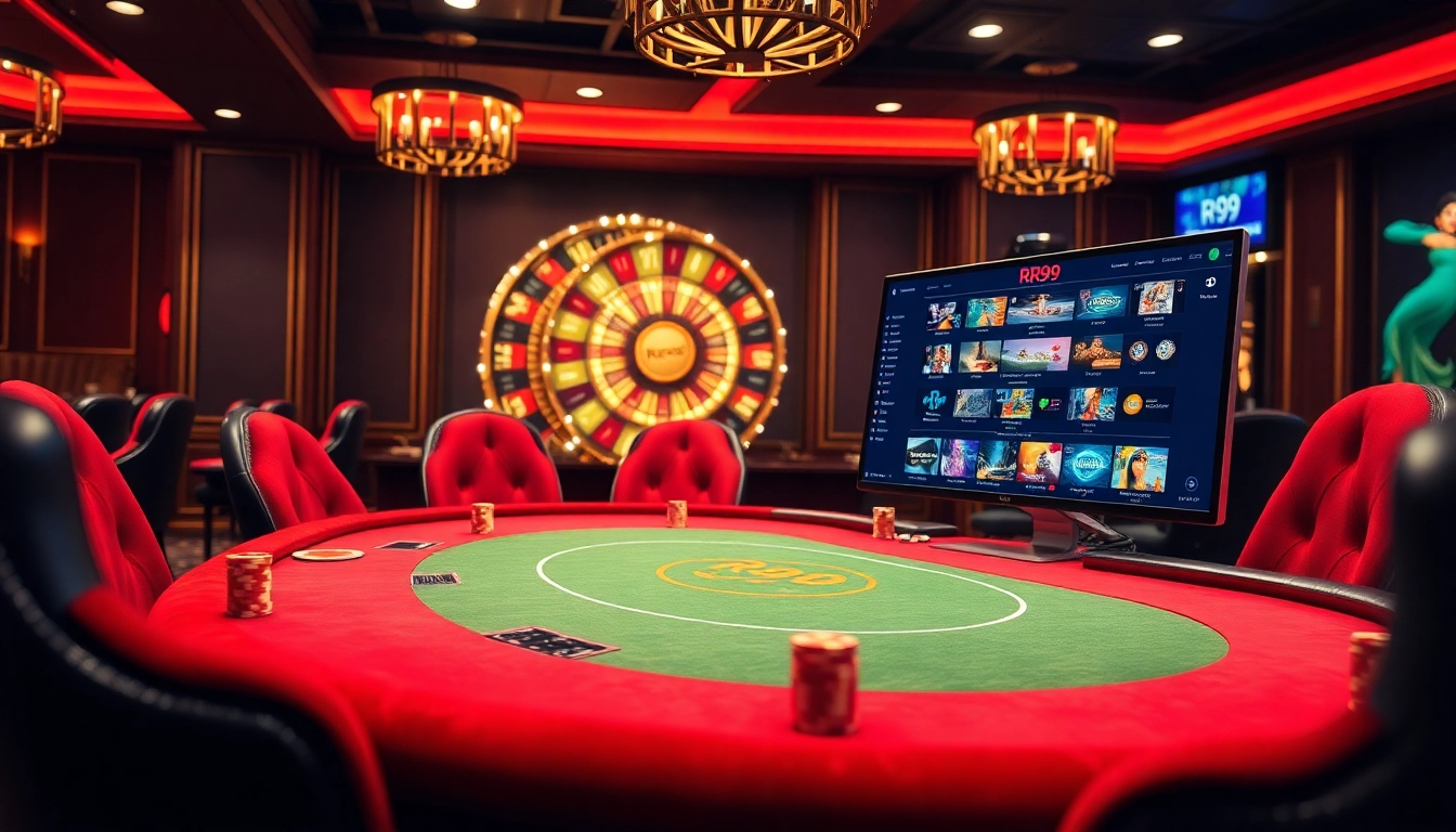 Experience the thrill of RR99 game at an upscale casino table surrounded by glowing lights and vibrant poker chips.