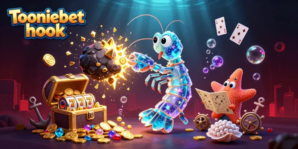 Engage with the Tooniebet hook in a vibrant scene of 3D characters amidst exploding treasures and slot elements.