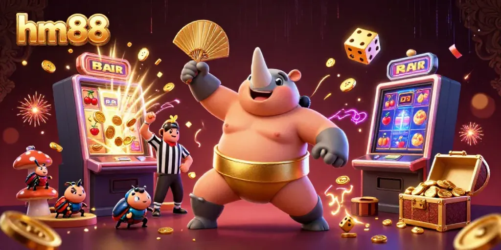 Experience the excitement of casino gaming with hm88 as the beetle champion stomps coins in a vibrant scene.