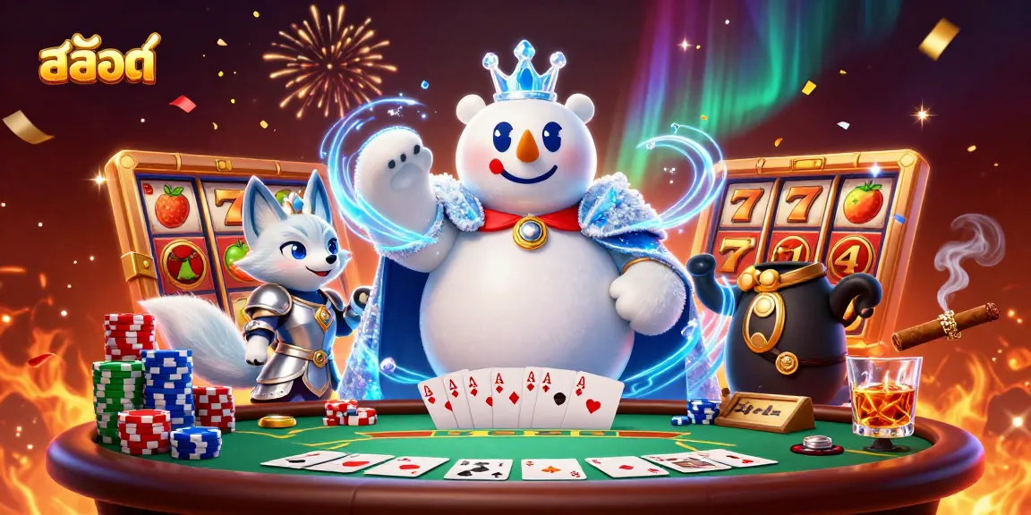 Spin the สล็อต reels with a lively 3D polar bear and fox, celebrating in a vibrant casino atmosphere.