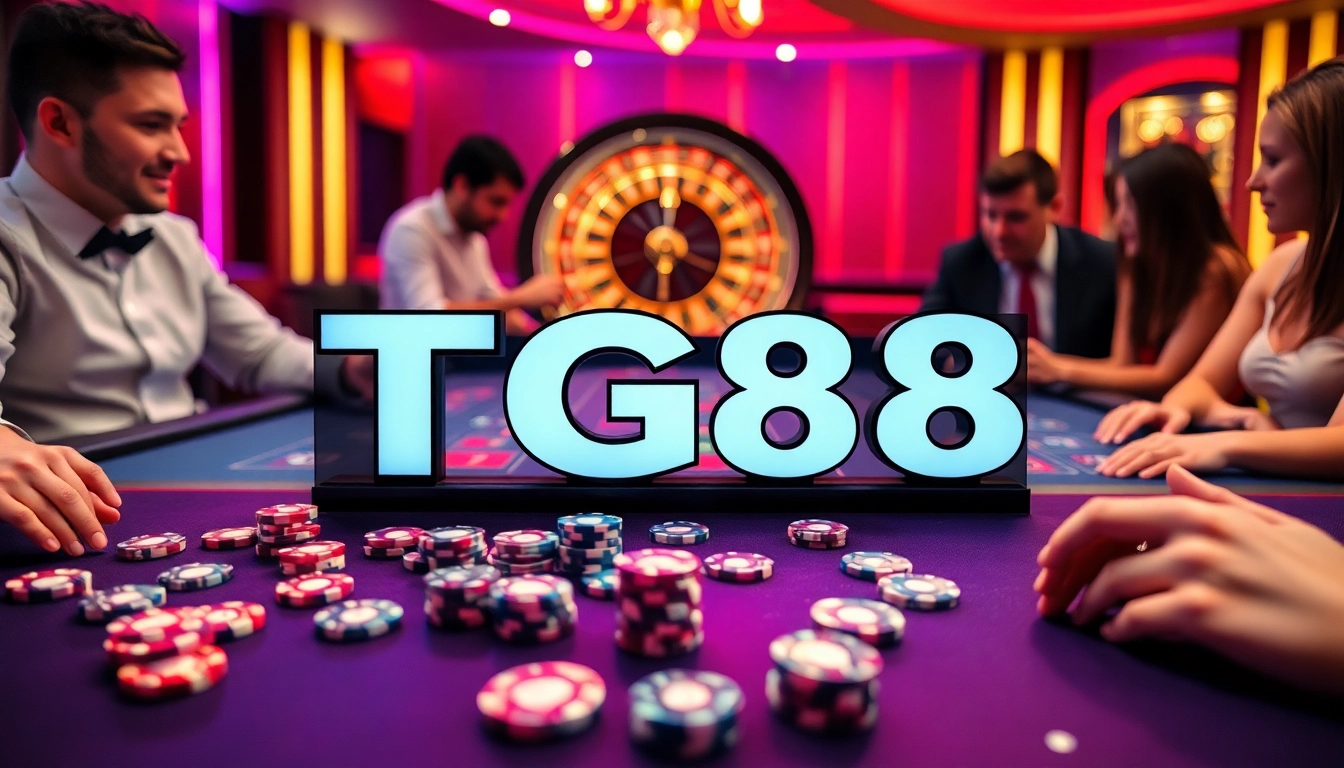 Experience thrilling gameplay at TG88 casino tables filled with vibrant poker chips and roulette wheels.