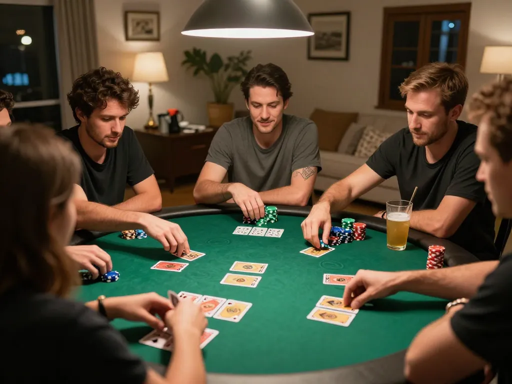 Players engaged in intense poker gameplay during a home game night, showcasing keo nha cai strategy in action.