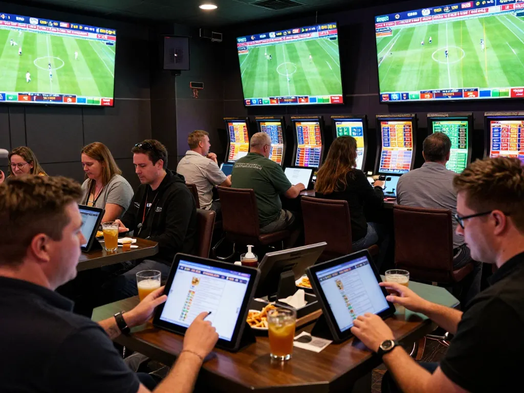 Tỷ lệ bóng đá trực tuyến displayed on multiple screens in an active sports betting lounge.