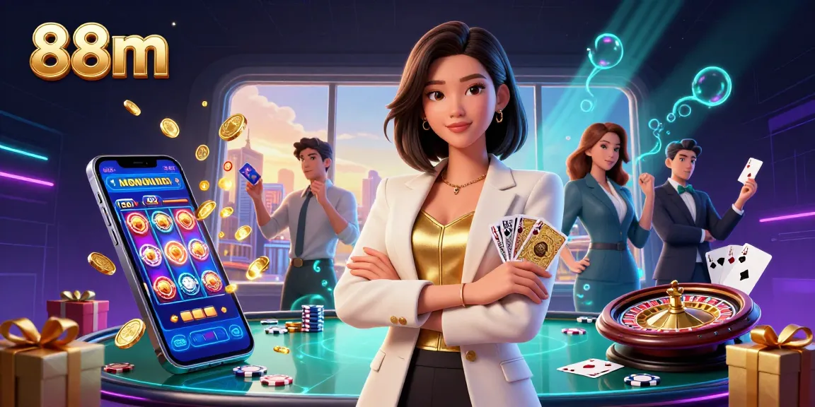 Experience poker excitement with the dynamic scene featuring the brand 88m and a powerful businesswoman.
