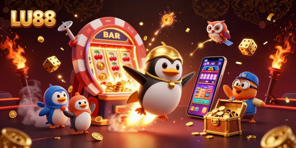 Win big with LU88 as golden penguins soar through a vibrant casino scene full of treasures.