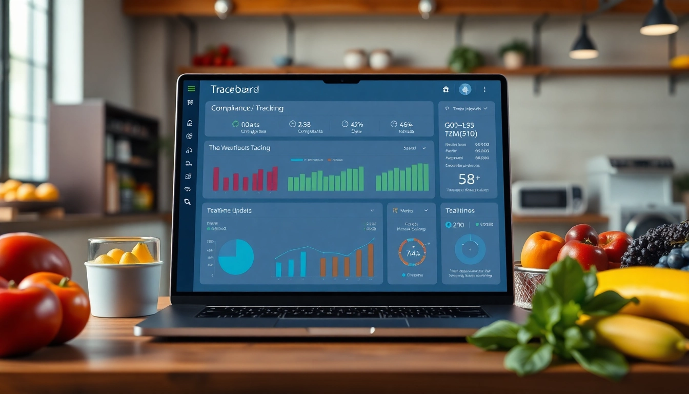 Paperless food traceability software dashboard showcasing compliance tracking and analytics in a modern, professional setting.