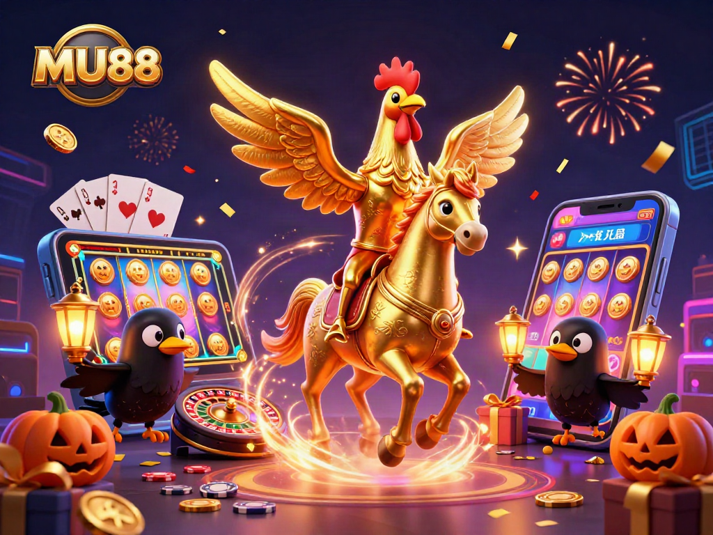 Engage with MU88's thrilling games where the golden rooster leads a vibrant casino adventure.