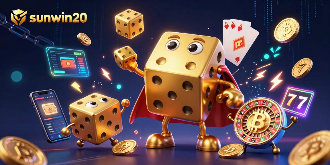 Engaging scene showcasing sunwin20 with vibrant casino elements and golden dice characters.