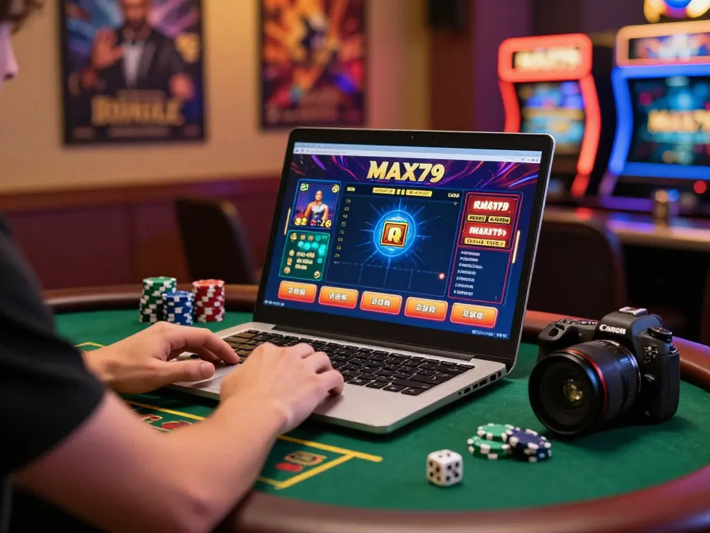 Engaging with the MAX79 gaming platform in a lively casino setup, showcasing excitement and entertainment.