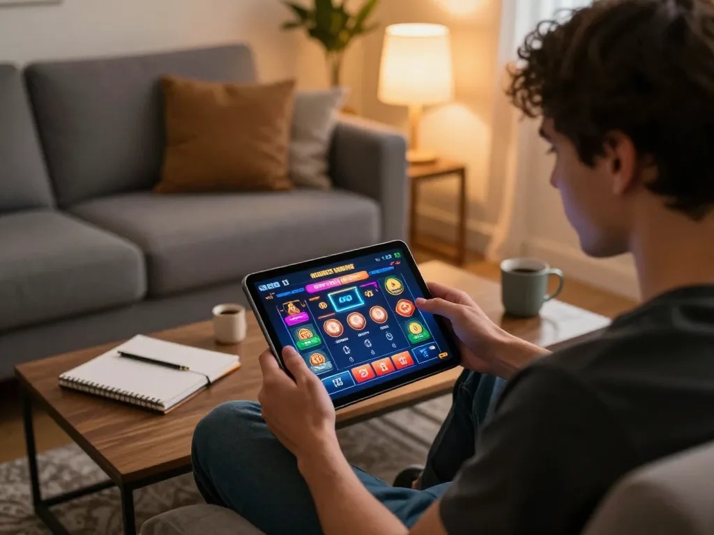 Engaging in responsible gaming on https://red88tt.com/ with a tablet at home, showcasing a cozy atmosphere.