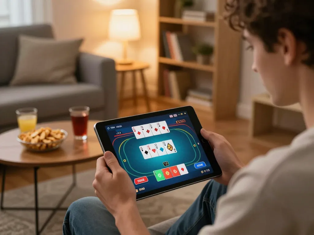 sv66 player enjoying an intense online poker game on a tablet in a cozy home setting.